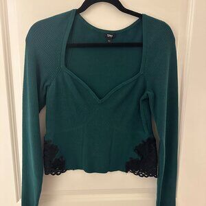 Express Body Contour Green Lace Top L